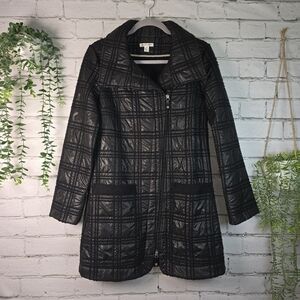 SPANNER BOUTIQUE BLACK QUILTED 3/4 LENGTH TRENCH JACKET WOOL TRIM WOMENS 4 EUC